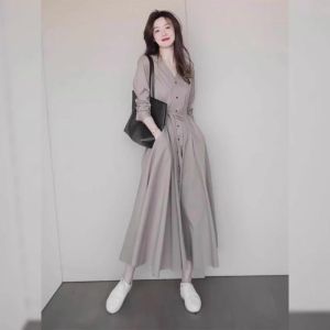 YUFUQING | Elegant Shirt Dress Long Skirt European Style Early Autumn New Arrival High Waist Loose Fit Polyester Fiber Casual Wear