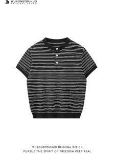 WUKONGYOUHUO | Vintage Striped Henry Neck Knit Short Sleeve Tshirt