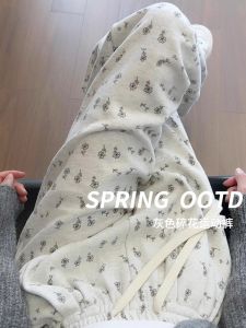 145 Small Gray Sports Pants Female Summer Thin 150 High Waist Casual Floral Pants Loose Pants Straight Sweatpants