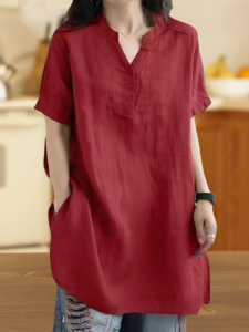 HUAXUNRAN | Cotton V-Neck Loose-Fitting Slimming Short Sleeve Shirt for Women