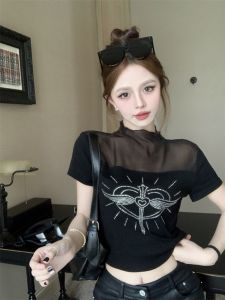 GUZILIAN | Summer Slim Fit Short Sleeve T-Shirt Womens Pure Desire Mesh Splice Fashionable Stand Collar Top Korean Style Commute Wind