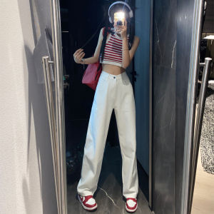 White High Waist Loose Wide Leg Jeans Womens Spring Autumn Light Color Denim Pants Pear Shape Body Front View Fashion Brand