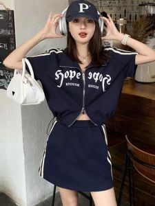 Bộ Đồ Hai Mảnh Thời Trang Mùa Hè Phong Cách Hàn Quốc Mới Cho Nữ Bộ Đồ Thể Thao Thường Ngày Tay Ngắn Màu Xanh Cạp Cao Thời Trang