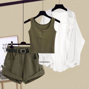 Bộ Đồ Thời Trang Mùa Hè Mới Chống Nắng Áo Sơ Mi Và Dây Đeo Gợi Cảm Bộ Đồ Ba Mảnh Quần Ngắn Phong Cách Hàn Quốc Áo Dài Tay Cổ Chữ V