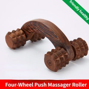 Wenge Wooden Massager Roller Four-Wheel Push Massager for Back Full Body Shoulder Neck and Leg Manual Massage Wheel