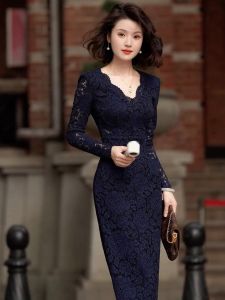 SHANGSHA | Graceful Goddess Style Blue Lace Dress