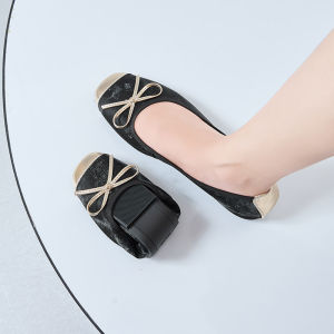 รองเท้าส้นแบนหนังแท้สวมใส่สบายสำหรับผู้หญิง ทรงบัลเล่ต์ หัวรองเท้าทรงกลม ด้านข้างเปิด ปิดด้วยริบบิ้น รองเท้าแฟชั่นฤดูร้อน