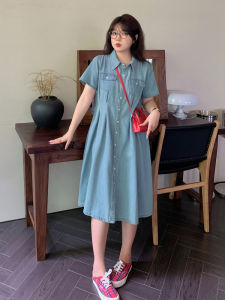 Summer Thin Casual Loose Womens Denim Dress High Waist A-Line Skirt Short Sleeve High Cotton Blend Fashionable Slimming Dress