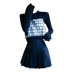 Áo Len Dệt Kim Ngắn Kẻ Caro Phong Cách Mới Thu Đông 2024 Dành Cho Nữ Áo Chui Đầu Cổ Tròn Áo Khoác Ngoài Hai Mảnh