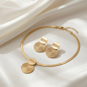 Minimalist Gold Color Herringbone Choker & Earring Set Brushed Textured Double Disc Jewelry Set For Women Daily Office Wear