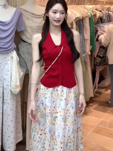 chaqi | Pure Desire Red Knitted Vest Womens Slim Fit Sleeveless Turn-down Collar Short Top Inner Wear Outer Wear Summer New Style