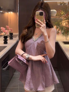 BINKAFENNY | ชุดเดรสคอวีประดับเพชร แขนกุด กระโปรงสั้น สำหรับผู้หญิง ชุดทำงาน ฤดูร้อน แฟชั่นสุดเก๋ ความยาวเข่า เดรสสีม่วง