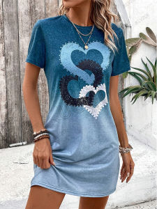 2025 Summer New Heart Love Pattern Printed Women Short Sleeved T-shirt Dress Color Block Loose Casual Sports Fashion Dress