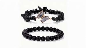 Bộ 2 Vòng Tay Chuỗi Đá Thạch Anh Tím Đá Obsidian Hình Con Bướm Dành Cho Nữ Mang Lại Năng Lượng Tích Cực Kiểu Dáng Co Giãn Thích Hợp Đeo Hàng Ngày