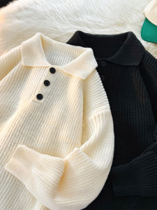 เสื้อสเวตเตอร์คอโปโลหลวมๆ สไตล์ญี่ปุ่นสำหรับผู้ชาย ฤดูใบไม้ร่วง/ฤดูหนาว ปกเสื้อสเวตเตอร์สีพื้น ปกพับ อบอุ่น ถัก