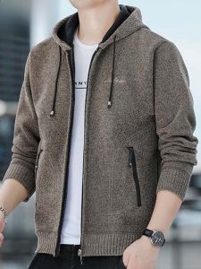HENGYUANXIANG | Hengyuanxiang Mens Hooded Knitted Sweater Thickened Fleece Warm Casual Loose Sweater Coat Autumn Winter Fashion Youth Style
