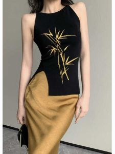 New Chinese Style Bamboo Print Halterneck Vest Womens Summer Outwear Sleeveless Tops Stylish Niche Style Knitwear