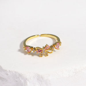 New Fashion Bowknot Cute Pink Heart Zircon Knot Bow Opening Adjust Ring For Women Girls Friendship Ring Jewelry Gift