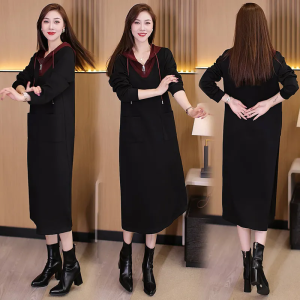 Fake Two-Piece Hooded Casual Dress Womens Younger Fashion Plus Size Base Skirt Autumn Clothing Chubby Girl Belly Covering Sweater Dress
