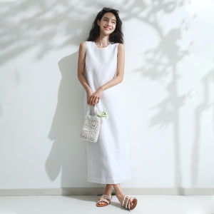 Miccbeirn | Silk Artistic Patterned Sleeveless Long Dress Elegant Summer Vest Dress Lightweight Cotton Silk Vest Gown No Sleeve Round Neck