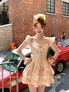 Summer French-style Medium-long Square Neck Flared Sleeves Waist-cinching Dress