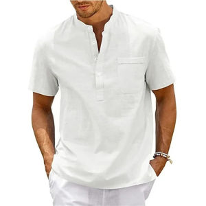 Áo Sơ Mi Nam Chất Liệu Cotton Linen Cổ Henley Tay Ngắn Kiểu Dáng Casual Thích Hợp Đi Biển Có Túi Phong Cách Đường Phố Vintage Màu Trơn.