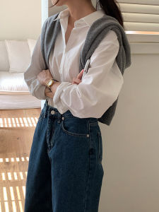 Elegant White Cotton Shirt Womens Loose Fit Fashionable Spring 2025 Korean Style Long Sleeve Button up Pure Color Polo Neck