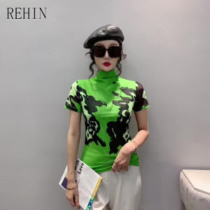 REHIN Womens top Autumn new slim fit high-neck fashion printing mesh short-sleeved T-shirt cotton blouse