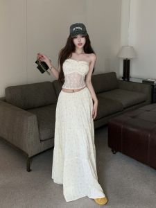 VKSOD | Summer Floral Lace Halter Neck Loose Fit Womens Top And Skirt Set Vacation Style Sweet Bone Fishnet Tube Top Bottom Half Skirt