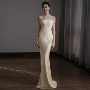 Elegant Fish Tail Wedding Dress Satin Evening Gown Engagement Party Bridal Robe Luxurious Minimalist French Style Beauty