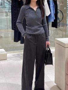 คุณภาพ ผู้หญิง คอโปโลสีเทาลายแนวตั้ง เสื้อผ้าถัก เสื้อเชิ้ตแขนยาวผสมผ้าวูลพอดีสบาย ฤดูใบไม้ร่วง แฟชั่น