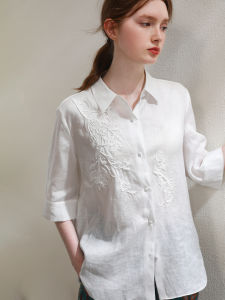 Miccbeirn | Pure Linen Embroidered Casual Shirt Elegant Commute Style Womens Top Fashionable Simple Versatile Seven Sleeve Polo Collar