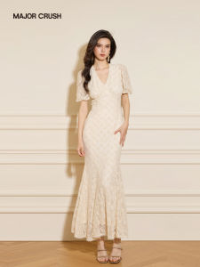 Gentle Elegant Lace Dress Bubble Sleeves Moon White