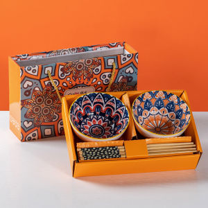 Bohemian 4.5 Inch Ceramic Bowl Set Creative High Aesthetic Value Home Commercial Popular Gift Rice Bowl with Colorful Stripes