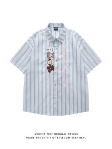 Cute Little Dog Embroidery Striped Short Sleeve Loose Mens Summer Shirt College Style Couples Shirt Cotton Youth Fashion