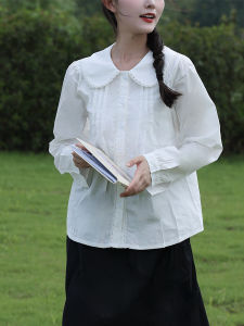 Japanese Style Pure Cotton White Long Sleeves Shirt Womens Spring and Autumn Preppy Style Col Claudine Top Sweet Shirt plus Size Inner Match