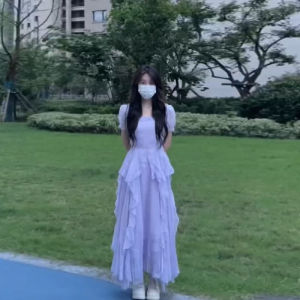 Summer New Style Retro Gentle Waist-Cinching Long Dress Womens Bubble Sleeve Square Collar Tea Break French Initial Dress