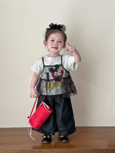 Korean Style Girls Summer Outfit 3pcs Anti-Mosquito Cotton Polyester Blend Short Sleeve T-Shirt with Suspenders Cartoon Print