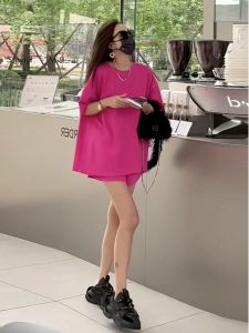 ชุดกีฬาลำลองสำหรับผู้หญิงในช่วงฤดูร้อน คอกลมแขนสั้น หลังเปิด ชุดสองชิ้น แฟชั่นสตรีท สไตล์เกาหลี ลำลอง ลำลอง