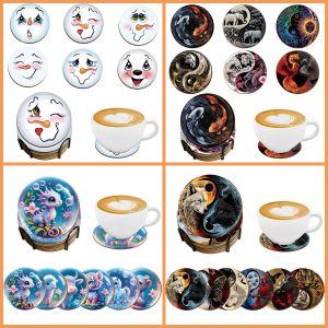 6 Pieces of round Coaster animal series Snowman pattern with Bracket wooden Material desktop Decoration Easter day gift