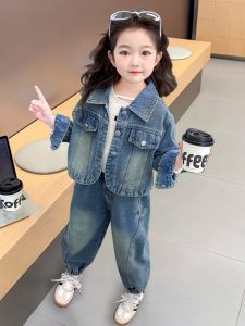 Cute Spring Autumn Denim Outfit for Girls Baby Early Autumn Workwear Pants Button Detail Fashionable Childrens Clothing Set