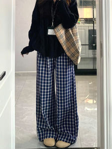 Blue Retro Plaid Casual Pants Womens Straight Leg Button Wide Leg Pants Spring Autumn New Style Comfortable Cotton Blend