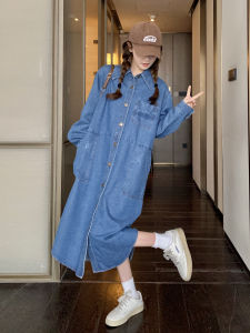 Blue Vintage Washed Slimming Dress Womens Autumn New Style Small Size Denim Shirt Dress Korean Style Commute Long Sleeve