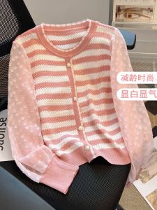 ลายทาง เสื้อผ้าถัก ผู้หญิง แขนยาวประกบ ผ้าชีฟอง เสื้อท่อนบน ฤดูใบไม้ผลิ ฤดูใบไม้ร่วง กลิ่นหอมขนาดเล็กสไตล์สํานักงานเดินทางตัดตรง