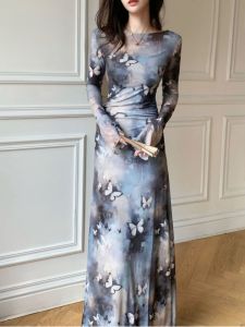 French Style Retro Trumpet Sleeve Chinese Ink Style Dress Womens Autumn New Arrival Long Sleeves Butterfly Waist Slimming Inner Bodycon Dress