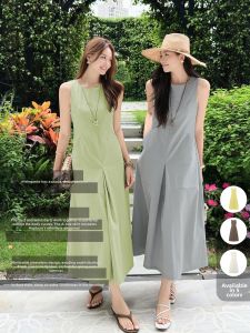 MEIYANG | Hepburn Style Chocolate Colored Round Neck Sleeveless Dress