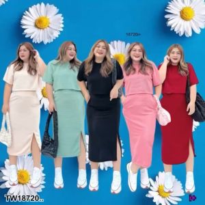 เสื้อแขนสั้นแบบครอป + กระโปรงผ่านิดๆ Set #bigsize 2 pieces ชิ้น - Crop Short Sleeve Shirt + Skirt