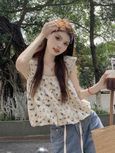 French Style Square Collar Embroidered Floral Strapless Vest Loose Fit Sleeveless Short Length Womens Summer Top New 2025