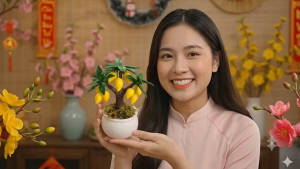 Chậu cây xoài bằng đất sét mini - dáng lùn 12cm có 9 quả phong thủy chiêu tài lộc