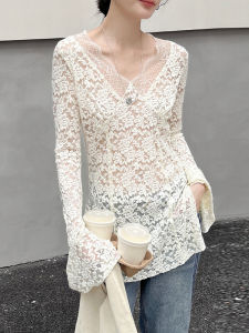 Áo Sơ Mi Ren Kiểu Pháp Dành Cho Nữ Mùa Xuân 2025 Thiết Kế Mới Tay Dài Cổ Chữ V Màu Trơn Chất Liệu Khác 100%